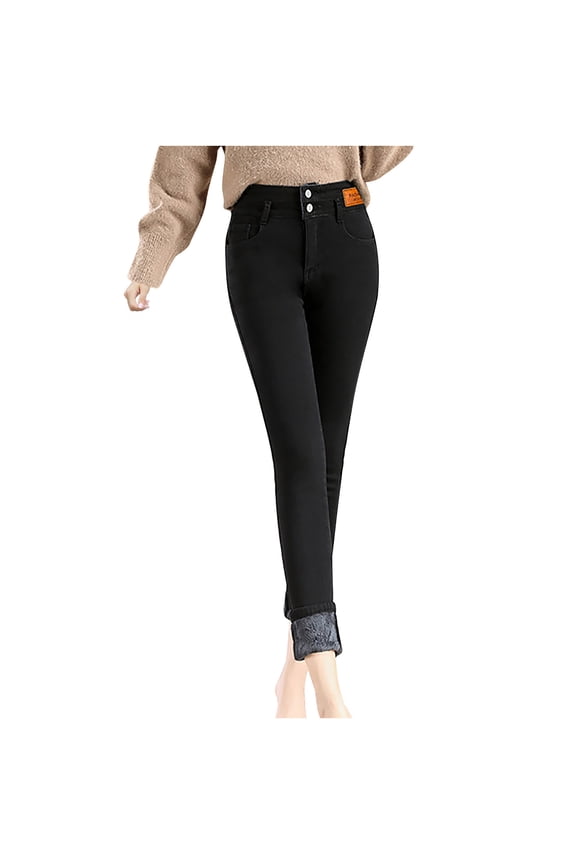 ICHUANYI Womens Trendy Stright Leg Plush Jeans High Waist Slim Baggy Jean Fall Winter Loose Casual Denim Pants Y2K