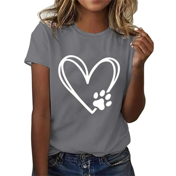 ICHUANYI Womens Trendy Summer Tops Stylish Heart Print T Shirt Short Sleeves Crew Neck Tee New 2024