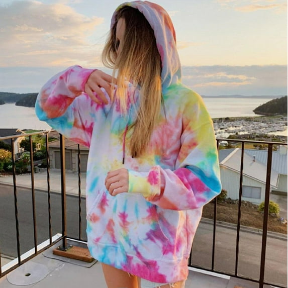 ICHUANYI Womens Trendy Tie-dye Hooded Drawstring Oversized Colorful Hoodies Pullover Sweatshirts Casual Loose Long Sleeve Tops Shirts with Pocket