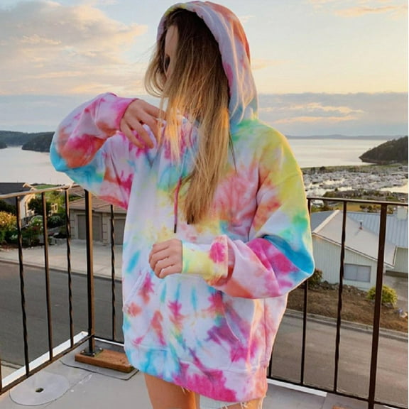ICHUANYI Womens Trendy Tie-dye Hooded Drawstring Oversized Colorful Hoodies Pullover Sweatshirts Casual Loose Long Sleeve Tops Shirts with Pocket
