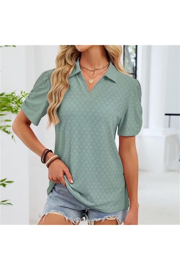 ICHUANYI Womens Turndown Collar Shirts Short Sleeve V Neck Casual Collared Work Tops Tunic Tee Basic Solid Summer Tops