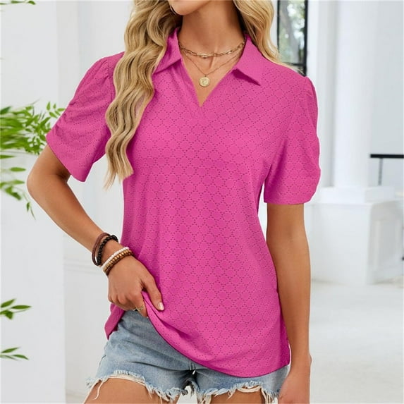 ICHUANYI Womens Turndown Collar Shirts Short Sleeve V Neck Casual Collared Work Tops Tunic Tee Basic Solid Summer Tops