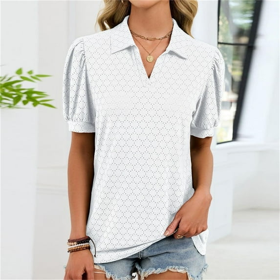 ICHUANYI Womens Turndown Collar Shirts Short Sleeve V Neck Casual Collared Work Tops Tunic Tee Basic Solid Summer Tops