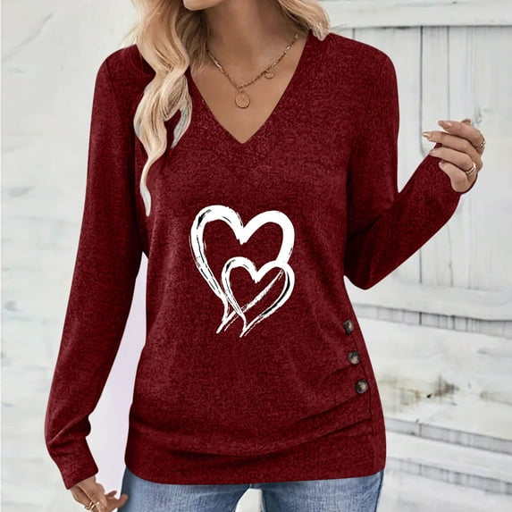 ICHUANYI Womens Valentine's Day Long Sleeve V Neck Shirts Tops Valentines Blouses Pullover Sweaters Tunic Fashion