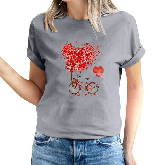 ICHUANYI Womens Valentine's Day Love Print Short Sleeve T-shirt Top Short Sleeve Crew Neck Top Shirt