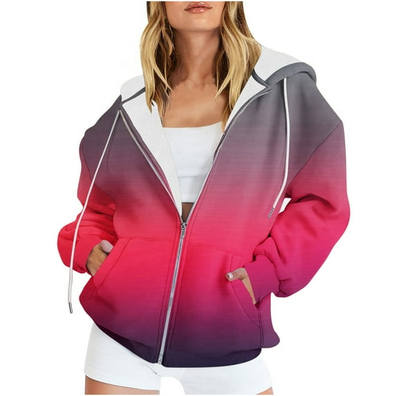 ICHUANYI Womens Zip Up Hoodies Stylish Long Sleeve Gradient Color Oversized Sweatshirts Y2K Jacket with Pockets Fall Winter Outwear