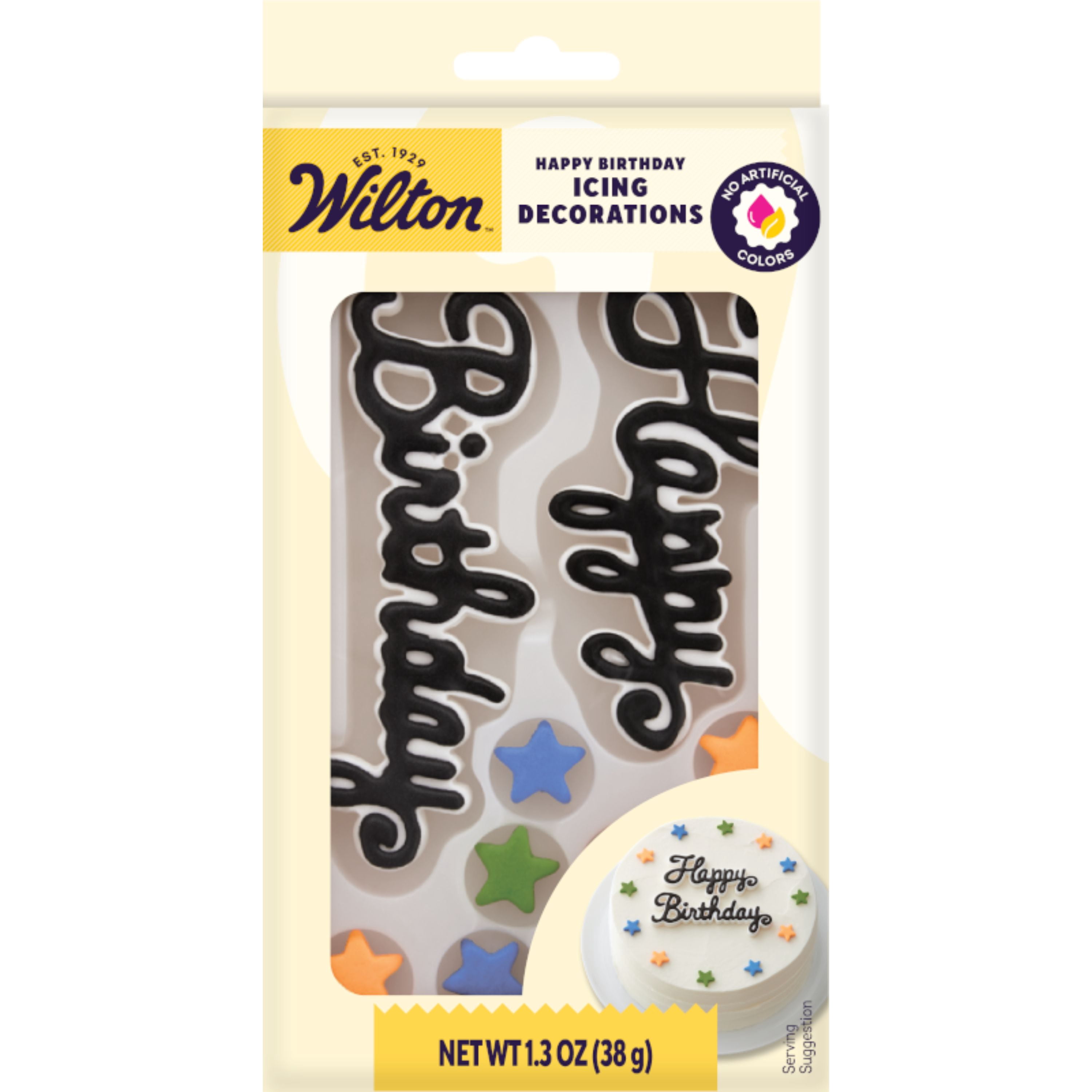 Wilton Happy Birthday Royal Icing Cake Topper with Stars Edible Cake Decoration 15-Pieces 1.3 oz. Assorted Colors