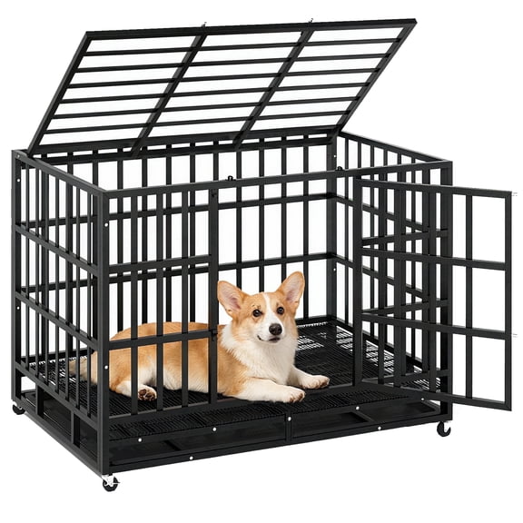 TIME RAY 38 in Heavy Duty Indestructible Dog Crate Steel Escape Proof Dog Cage Kennel for Medium Large Dogs Indoor Double Door High Anxiety Dog Crate with Wheels, Lock& Removable Tray, Black