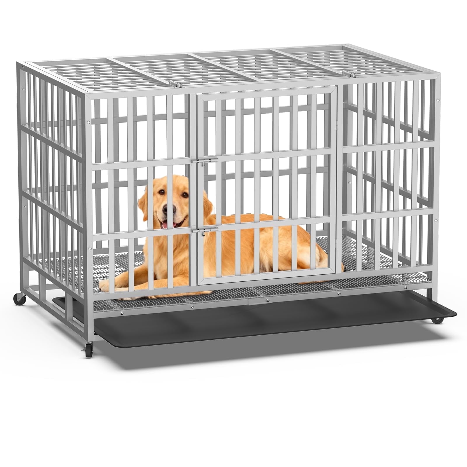 TIME RAY 48 inch Heavy Duty Dog Crate,Indestructible High Anxiety Dog Crate for Outdoor and Indoor with Lock, Double Door & Removable Tray, Silver