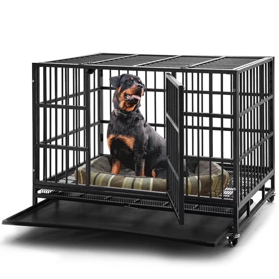 TIME RAY 48 Inch Heavy Duty Dog Crate,Indestructible High Anxiety Dog Cage for Outdoor and Indoor with Lock, Double Door & Removable Tray,Black