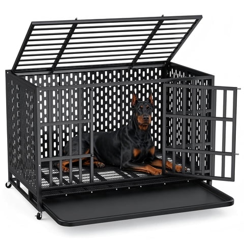 TIME RAY 48" Heavy Duty Dog Crate,Large Metal Escape Proof Dog Cage Kennel,Indestructible high Anxiety Dog Crate for Outdoor and Indoor with Lock, Double Door & Removable Tray