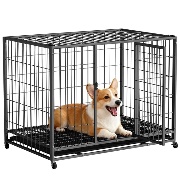 TIME RAY Heavy Duty Dog Crate,Large Metal Escape Proof Dog Cage Kennel,Indestructible high Anxiety Dog Crate for Outdoor and Indoor with Lock, Double Door & Removable Tray