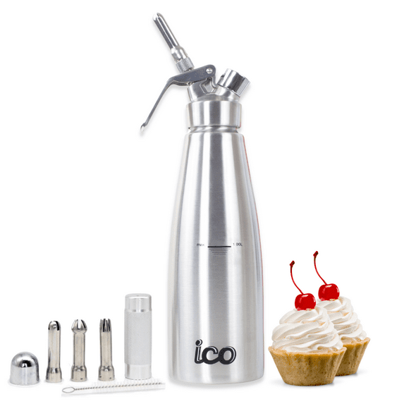 ICO 1 Quart Professional Stainless Steel Whipped Cream Dispenser for Homemade Whipping Cream, Whipped Cream Maker for Desserts, Dips, Sauces, and Infused Liquors, 1 Quart