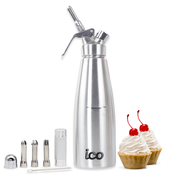 ICO 1 Quart Professional Stainless Steel Whipped Cream Dispenser for Homemade Whipping Cream, Whipped Cream Maker for Desserts, Dips, Sauces, and Infused Liquors, 1 Quart