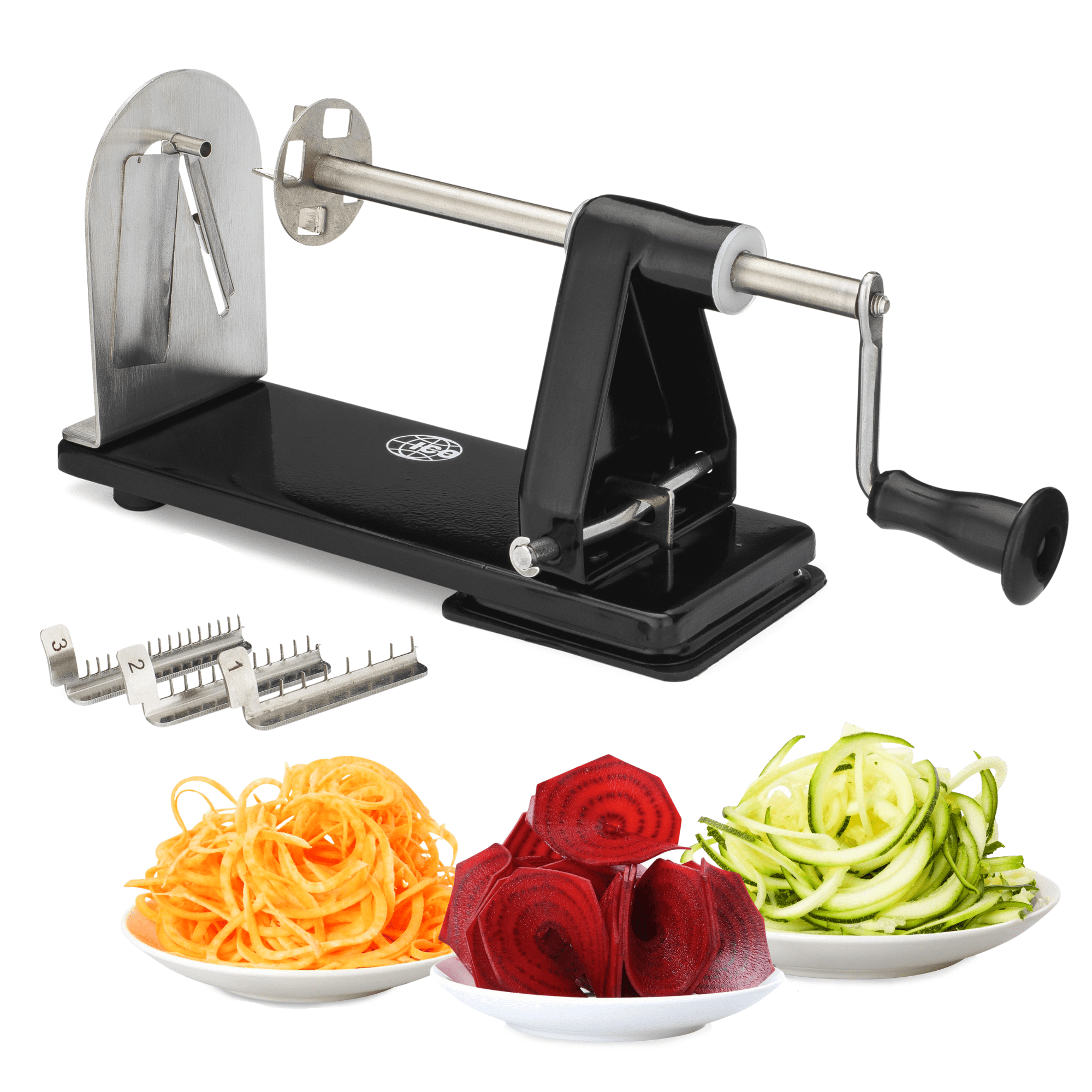 ICO 4-Blade Spiralizer Vegetable Slicer and Curly Fries Maker, with 3 Interchangeable Blades and 1 Built-In, Black