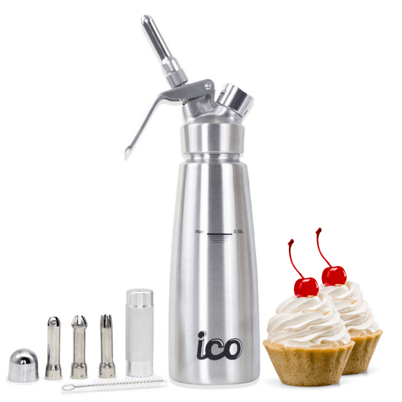 ICO Professional Stainless Steel Whipped Cream Dispenser for Homemade Whipping Cream, Whipped Cream Maker for Dips, Sauces, and Infused Liquors, 1 Pint