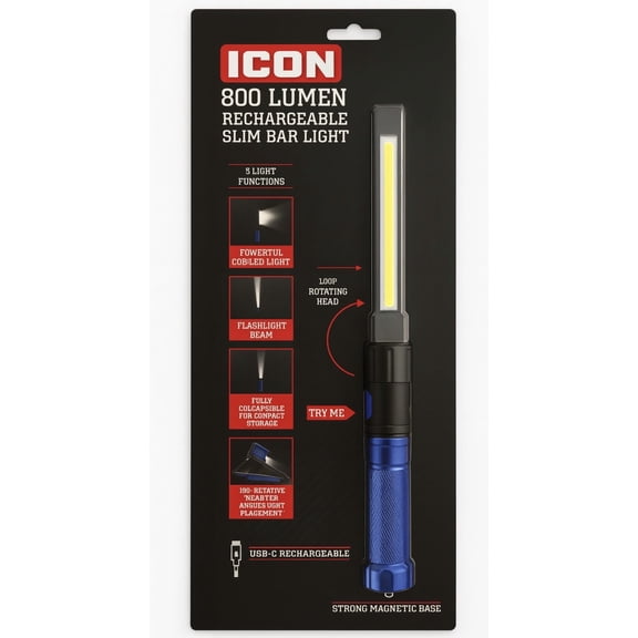ICON 800 Lumen LED Rechargeable Magnetic Handheld Foldable Slim Bar Work Light, Blue