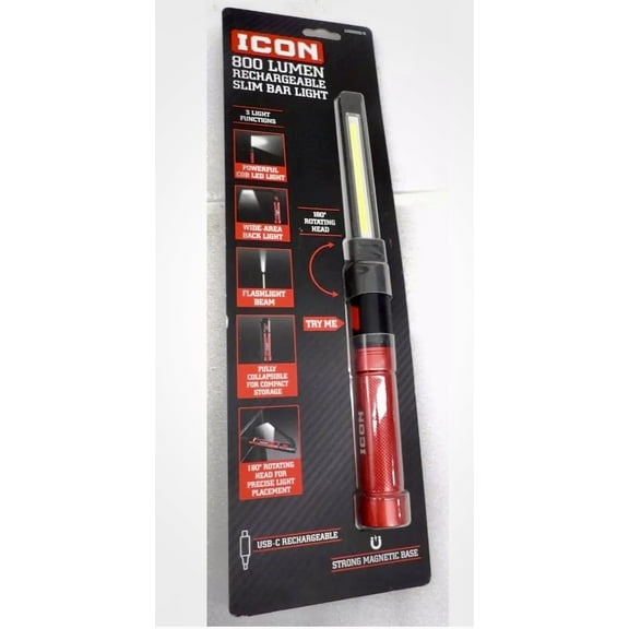 ICON 800 Lumen LED Rechargeable Magnetic Handheld Foldable Slim Bar Work Light, Red