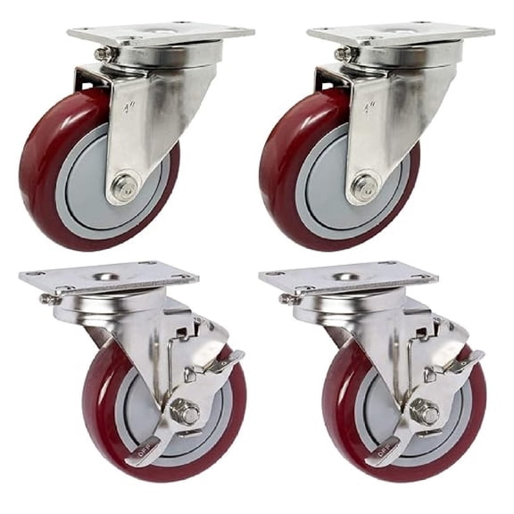 ICON CASTER WHEELS 4" x 1.25" PLY Stainless Steel, 2 Swivel 2 Swivel w/Top Lock Brake Casters, Top Plate 2.38" x 3.63", Maroon, Non-Marking Polyurethane Wheel, Load Capacity 1120 lbs./ Set (4-Pack)