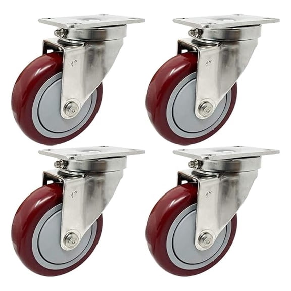 ICON CASTER WHEELS 4" x 1.25" PLY Stainless Steel, 4 Swivel Casters, Top Plate 2.38 x 3.63", Maroon, Non-Marking Polyurethane Wheel, Load Capacity 1120 lbs. per Set (4-Pack)