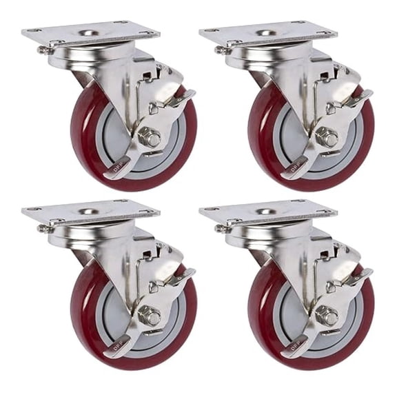 ICON Caster Wheels 4" x 1.25" PLY Stainless Steel, 4 Swivel w/Top Lock Brake Casters, Top Plate 2.38 x 3.63", Maroon, Non-Marking Polyurethane Wheel, Load Capacity 1120 lbs. per Set (4-Pack)