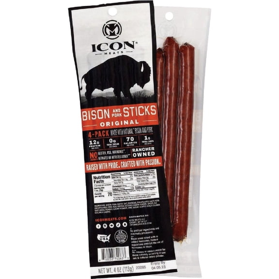 ICON Meats Bison and Pork Snack Sticks, Original, 6 Pack High Protein Snacks, 4 Meat Sticks per Pack, Sugar Free, Gluten Free, Natural, USDA Inspected, Made in USA, Gifts for Him