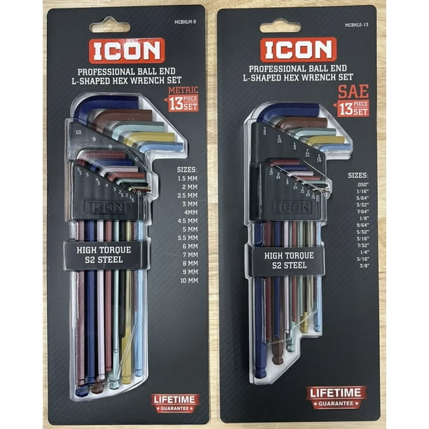 ICON SAE And METRIC Color Coded LShape Ball End Hex Key Set, 26 Piece