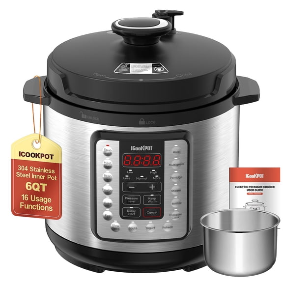 ICOOKPOT 16-in-1 Electric Pressure Cooker, Slow Cook, Rice Maker, Steamer, Yogurt, Warmer & Sterilizer, Programmable with Automatic Keep Warm, 6-Quart Stainless Steel Y101