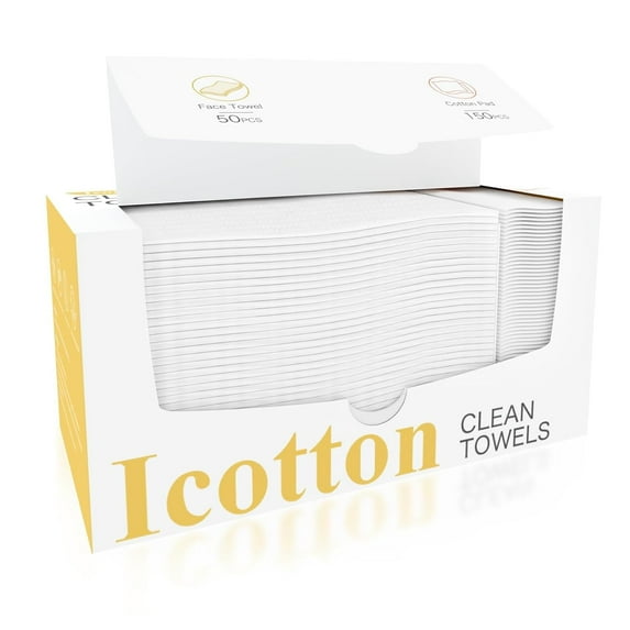 ICOTTON 2 in 1 Disposable Face Towel-100%Pure Cotton Clean Face Towels, 50 Pcs Large Single Use Face Towel & 150 Pcs Cotton Pads for Sensitive Skin