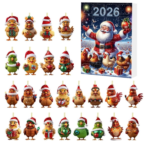 ICQOVD 2026 Christmas Advent Calendar,24 Day Countdown Calendar with Chicken Ornaments,Christmas Tree Hanging Decorations,Holiday Surprise Gift for Home and Family