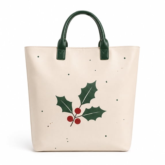 ICQOVD Christmas Holly Tote Bag for Women,Cream Holiday Handbag with Green Handles for Shopping and Everyday Carry 16.54*13.39IN