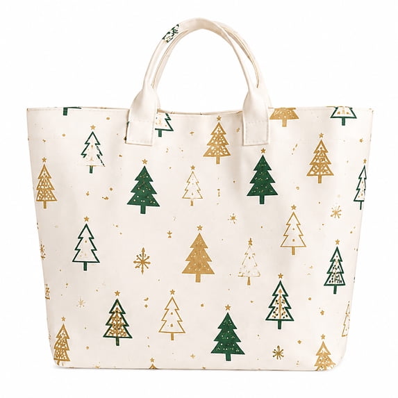 ICQOVD Christmas Tree Tote Bag for Women,Cream Holiday Handbag with Green and Gold Tree Print for Everyday Carry 16.54*13.39IN