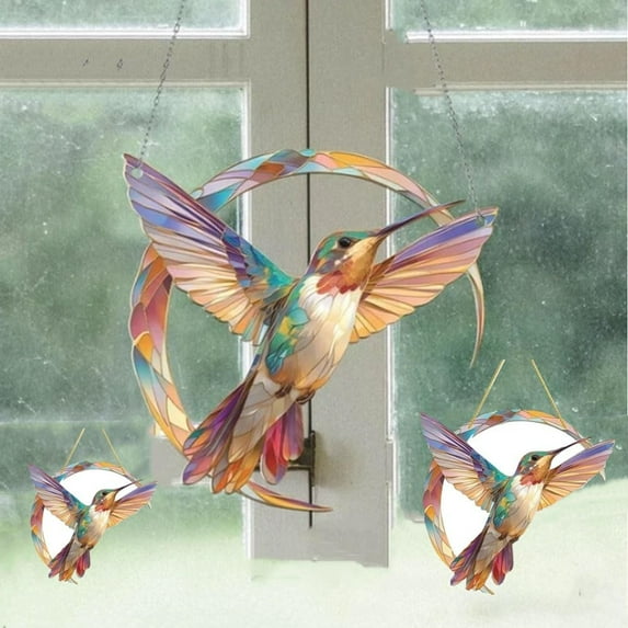 ICQOVD Hummingbird Suncatcher Colorful Window Hanging Window Stained Glass Suncatcher Stained Glass Birds
