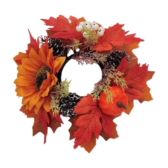 ICQOVD Fall Pumpkin Candle Holder Wreath Artificial Maple Leaf Pinecone Desktop Table Decoration