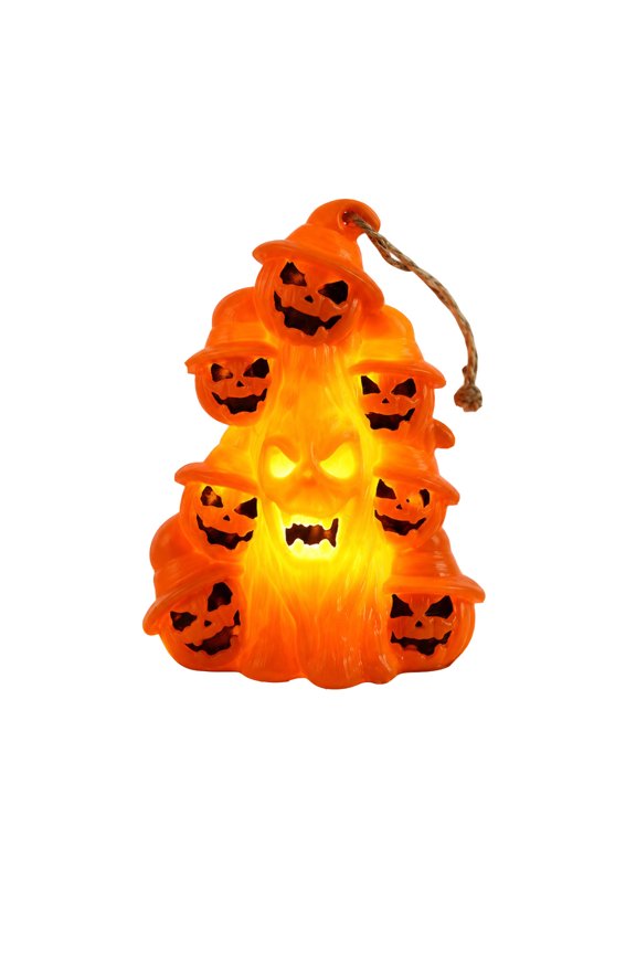 Halloween Stacked Pumpkin Ghost Tree Lamp,LED Hanging Night Light with Rope,Plastic Tabletop Decoration in Orange or Black for Halloween Party Home Decor