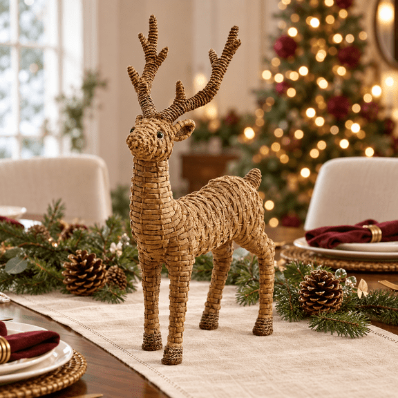ICQOVD Handwoven Rattan Reindeer Figurine, Wicker Standing Deer Statue for Christmas Tabletop Decor, Winter Holiday Ornament for Home Mantel, Shelf and Entryway