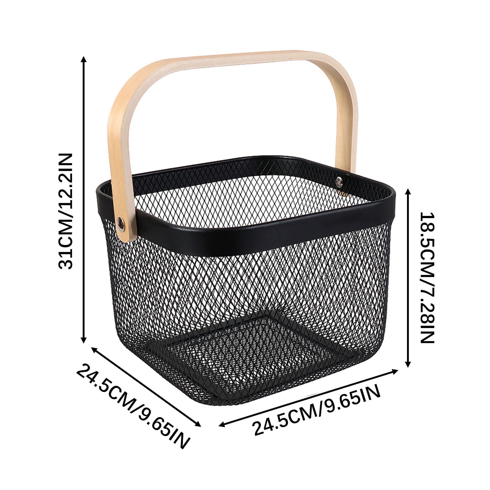 ICQOVD Iron Handheld Storage Basket with Wooden Handle Fruit and ...
