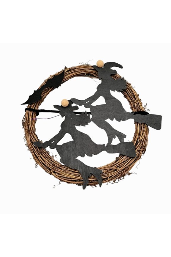 Lighted Halloween Rattan Wreath with Purple LED Lights,Double Witch and Bat Door Wreath,Indoor Outdoor Front Door Wall Fireplace Window Halloween Decorations