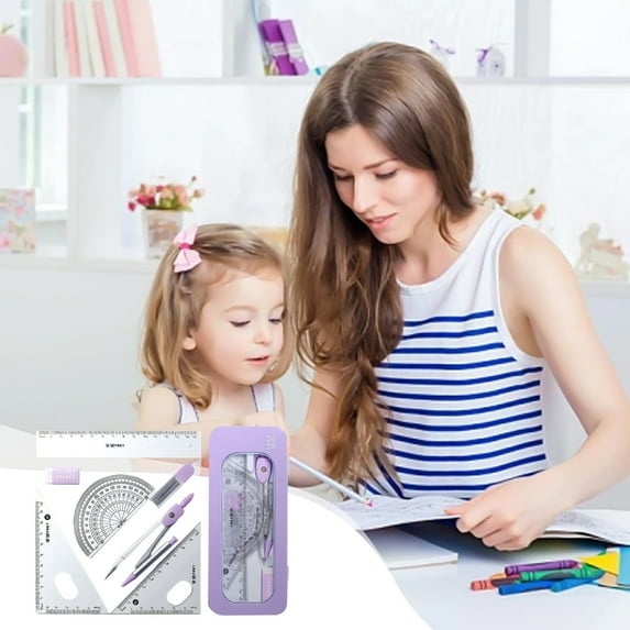 ICQOVD Math Geometry Kit 7Piece Student Supplies Set with Shatterproof Storage Box Including Ruler , Protractor , Eraser , Lead Leads , Pencils for Drawing Students Gift