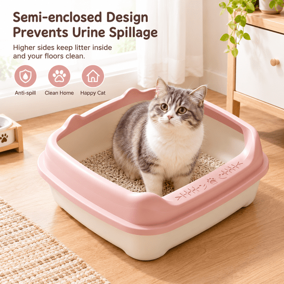 ICQOVD Semi Enclosed Cat Litter Box with Spray Proof Design Non Stick Easy Clean Pet Toilet for Kittens and Small Cats