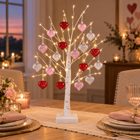 ICQOVD USB/Battery Operated Christmas Decor Tree Light,Valentines Day Decor 24 Inch Decorations Lighted Tree with 18 Heart Ornament Decorations