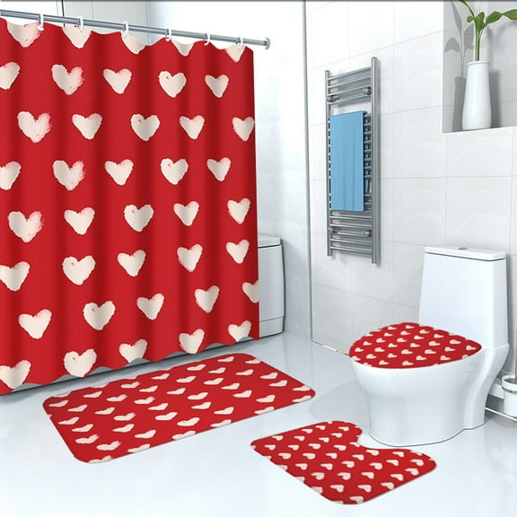 ICQOVD Valentine's Day Bathroom Shower Curtain Set,Waterproof Four-Piece Bath Decor with Mats and Covers for Romantic Home Styling 123