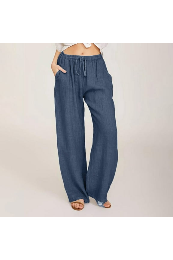 Women Pants Women Casual Cotton Linen Drawstring Elastic Waist Long Wide Leg Pants Rollbacks Navy