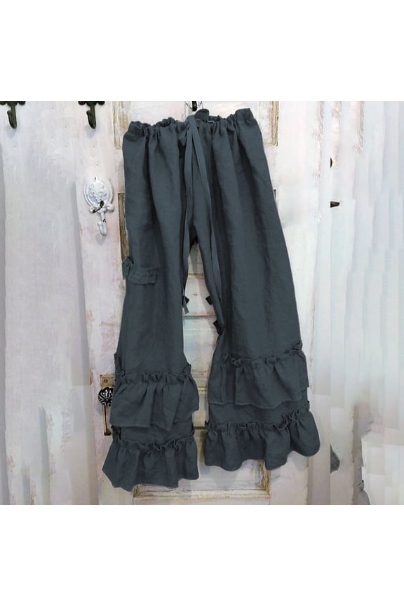 Women Pants Women Plus Size Cotton Linen Casual Ruffled Loose Pocket Pants Rollbacks Navy
