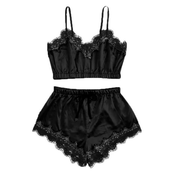 ICQOVD Women Sleepwear Sleeveless Strap Nightwear Lace Trim Satin Cami Top Pajamas Sets