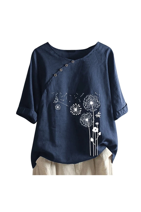 Womens Button Floral Print O-Neck Short Sleeve T-Short Blouses Tops