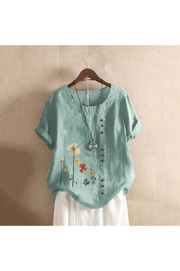 Womens Plus Size O-Neck Print Loose Button Tunic Shirts Blouses Tops