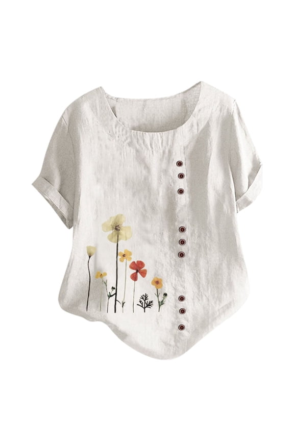 Womens Plus Size O-Neck Print Loose Button Tunic Shirts Blouses Tops