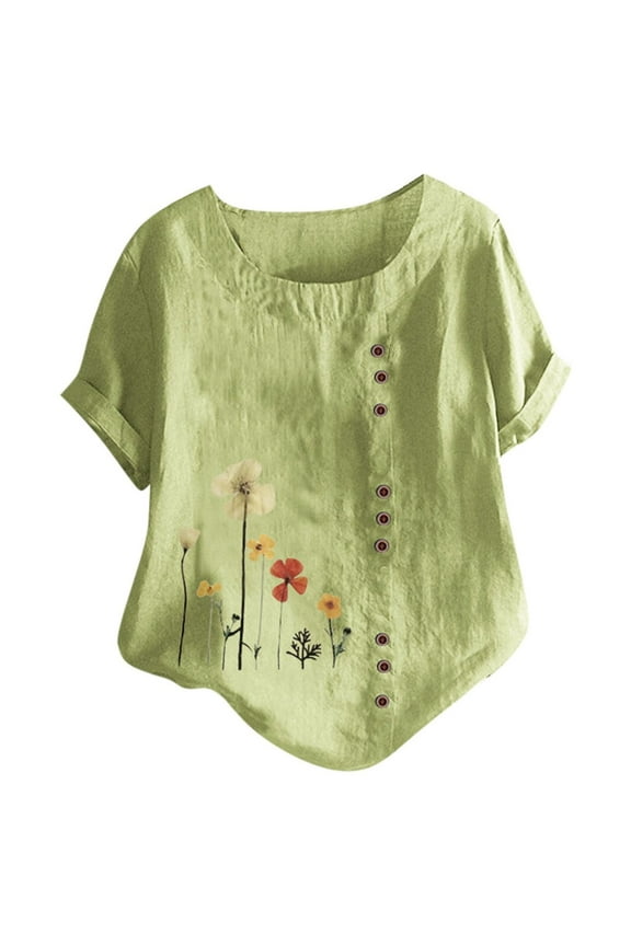 Womens Plus Size O-Neck Print Loose Button Tunic Shirts Blouses Tops