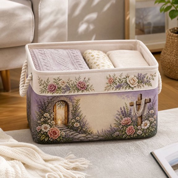 ICQOVD themed Fabric Storage Basket,Religious Print Rectangular Storage Bin with Rope Handles for Home Organization
